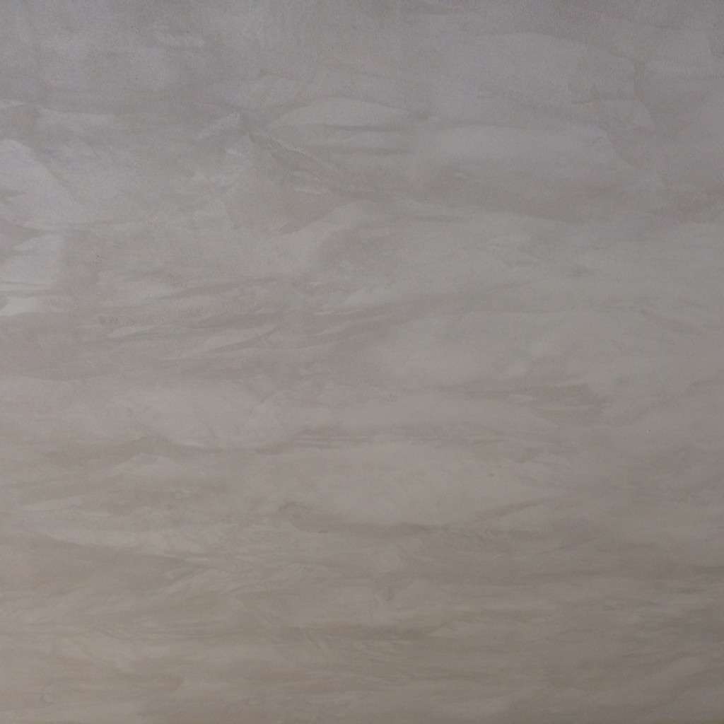 Warmgraue Naturofloor-Wand, plan gespachtelt, mit Werkzeug-Zeichnung